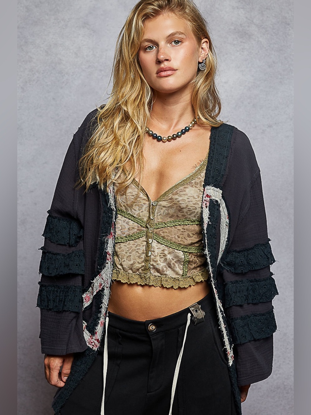 POL “ Peace Highway “ Cardigan 100% Cotton Patchwork Peace Sign | Midnight